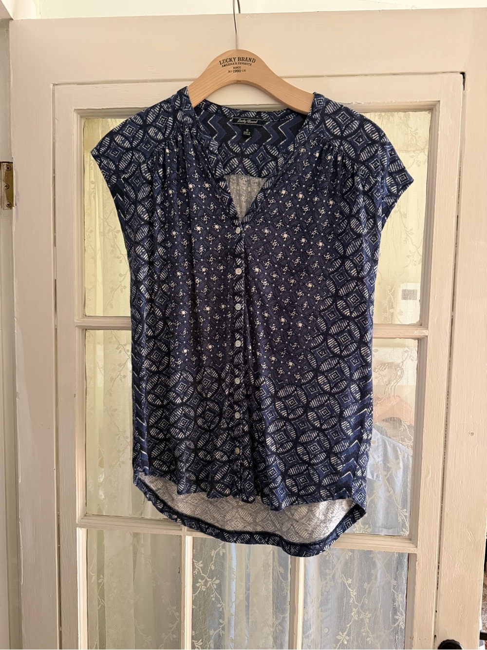 Lucky Brand Navy Printed Cap-Sleeve Button Front Blouse